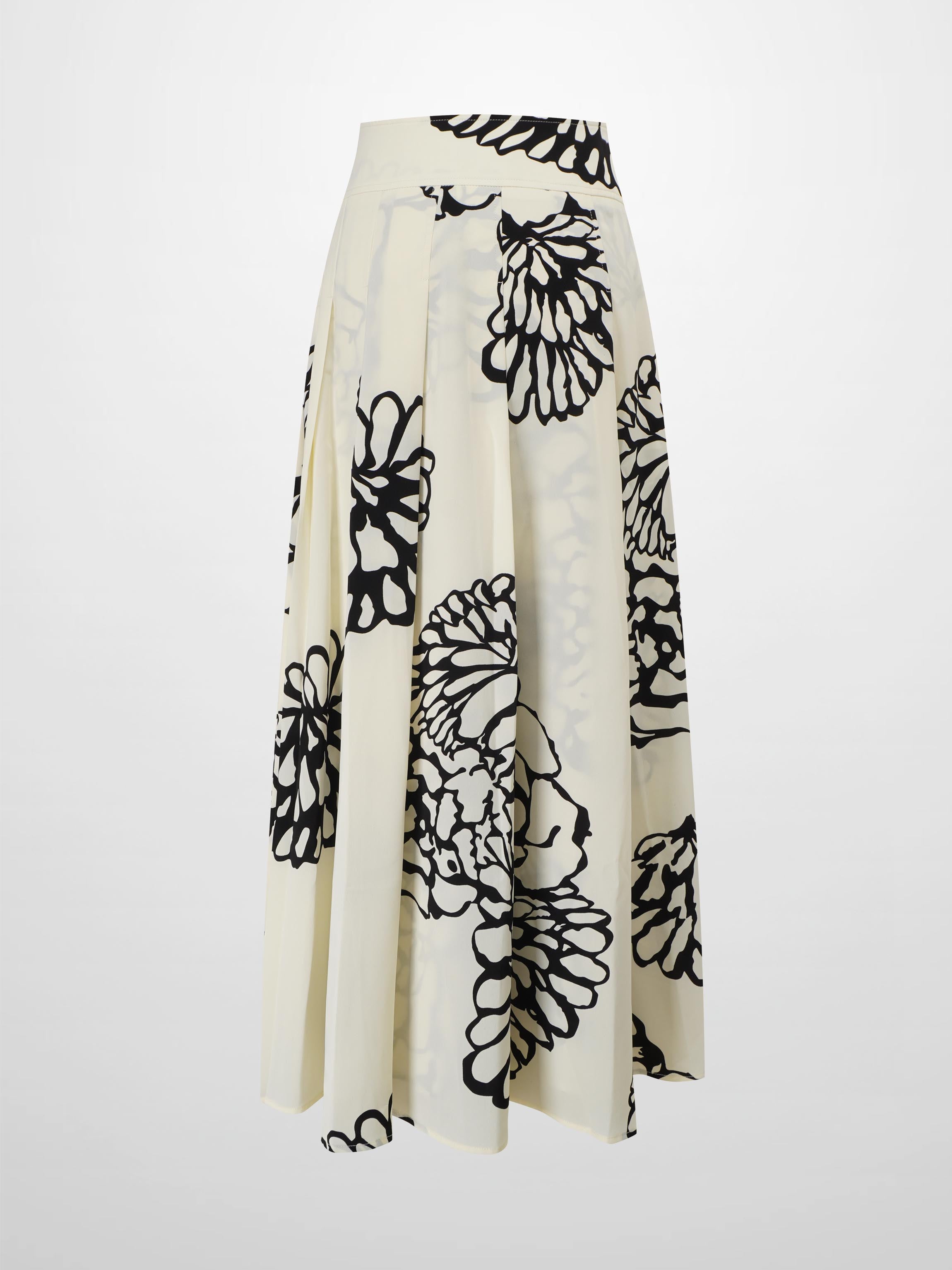 Printed Yoke Pleated Skirt-Cream/Black Floral