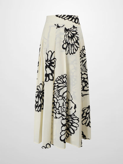 Printed Yoke Pleated Skirt-Cream/Black Floral