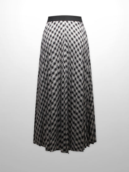 Printed Pleated Skirt-Tan/Black Gingham