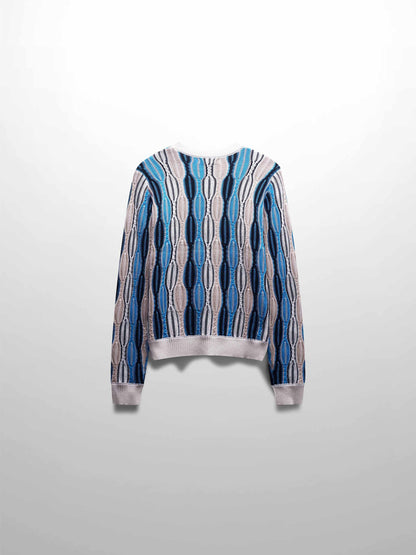 Wave Design Crew Neck Sweater-Tan/Blue