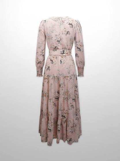 Collared Belted Tiered Dress-Vintage Floral