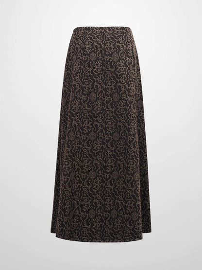 Elastic Waist Maxi Skirt-Brown Vines