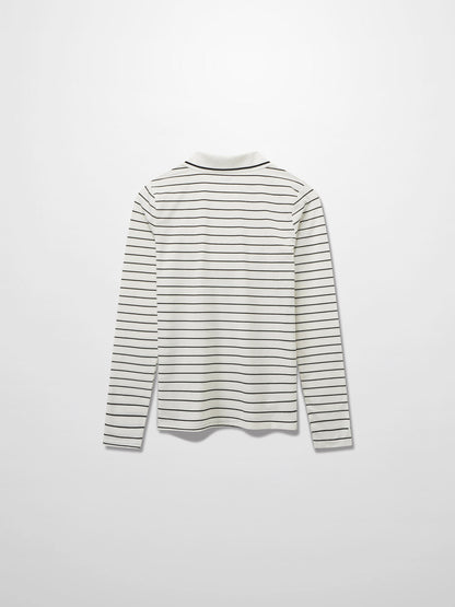 Striped Collar Snap Tee-Ivory/Black