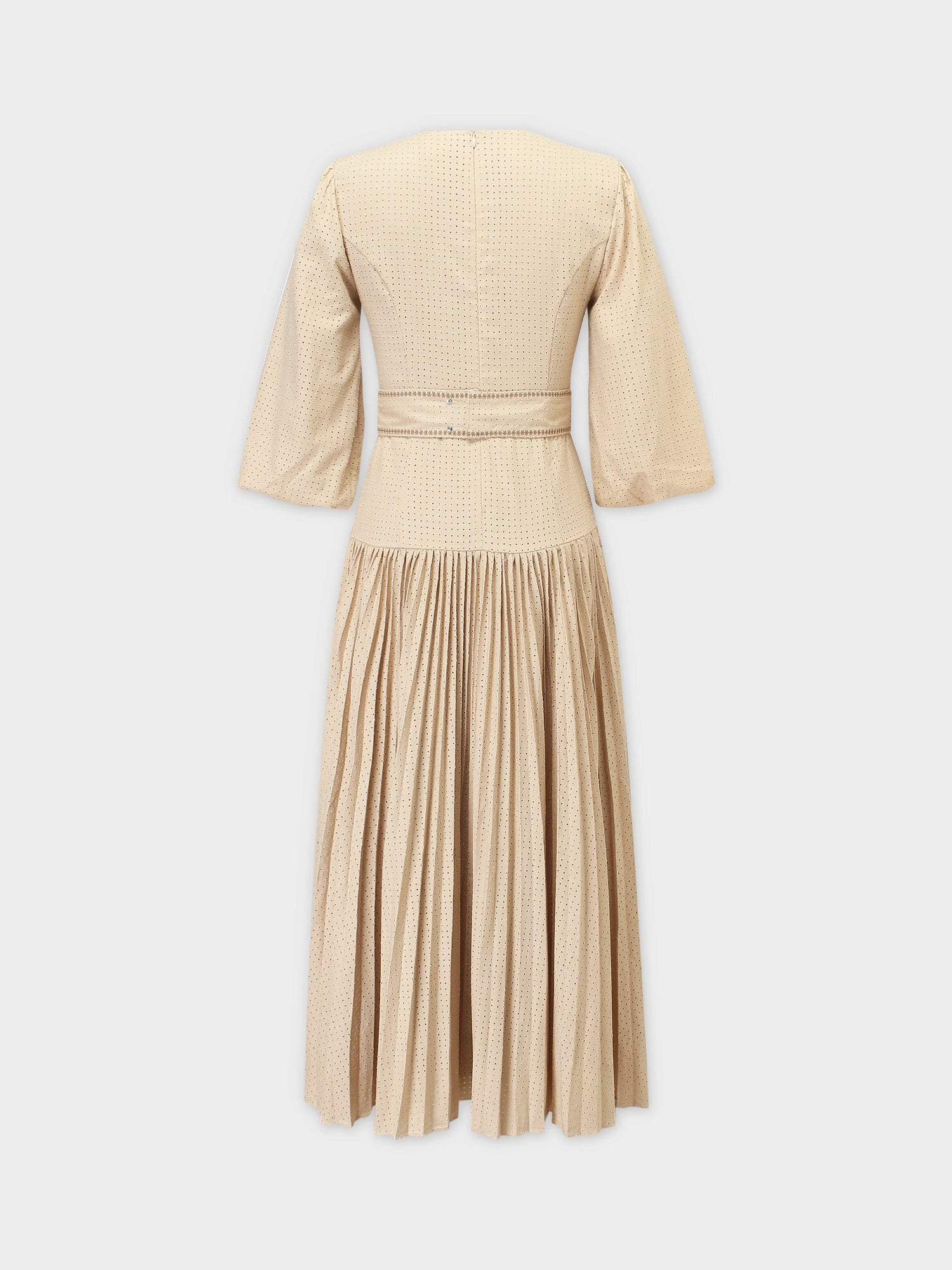 PERFORATED PLEAT DRESS-CREAM