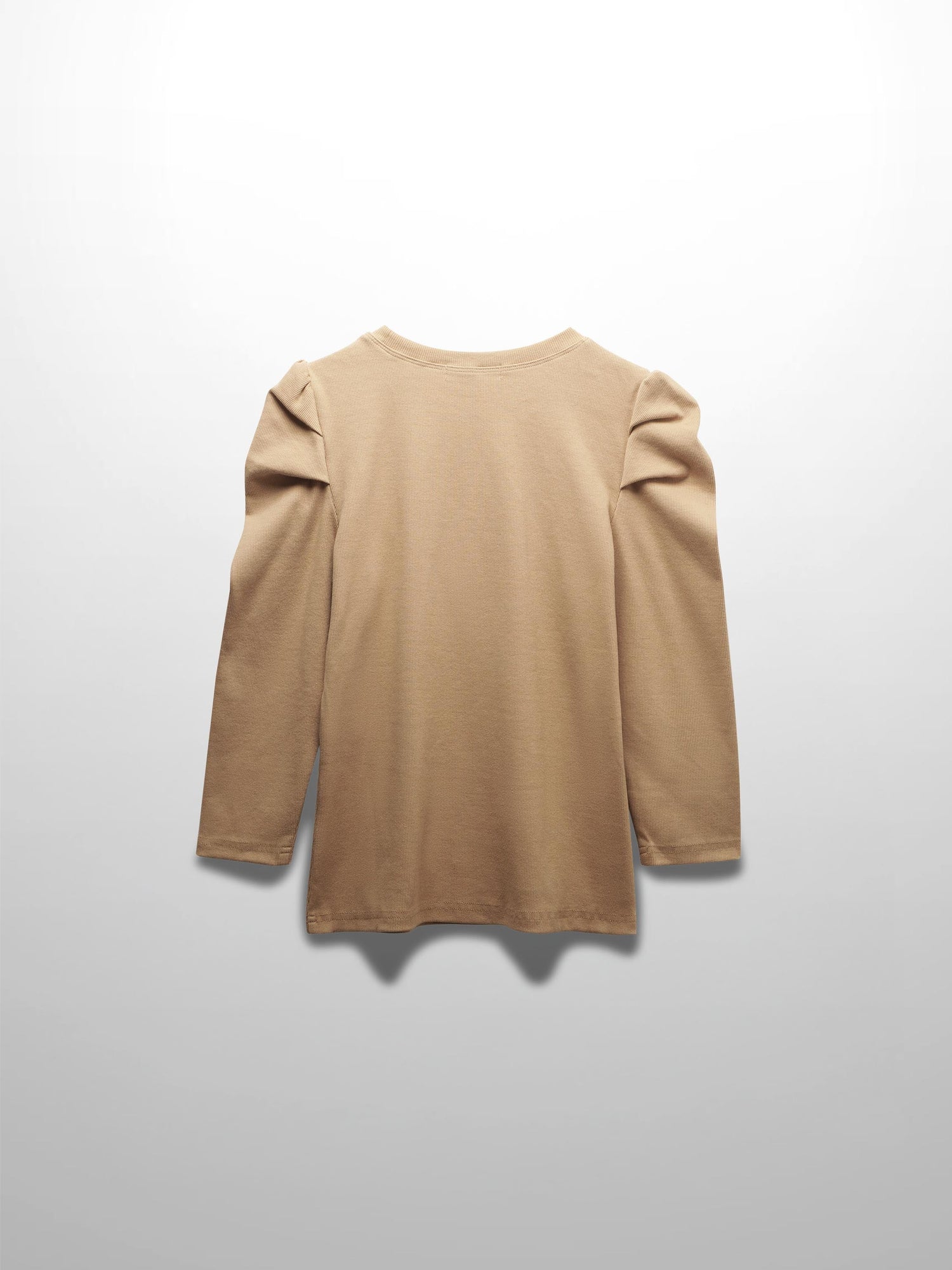 Ribbed Crew Neck Puff Sleeve Top-Tan