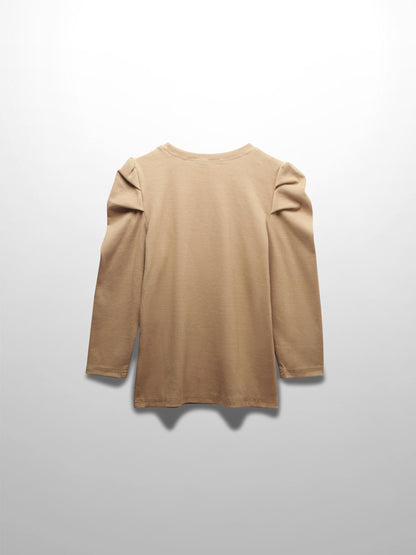 Ribbed Crew Neck Puff Sleeve Top-Tan