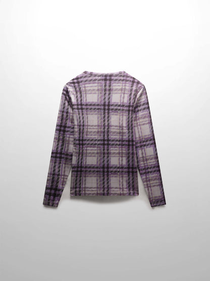 Stretch Printed Crew Top-Lavender Plaid