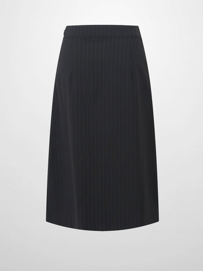 Faux Wrap Pleated Front Buckle Skirt-Pinstripe/Plaid