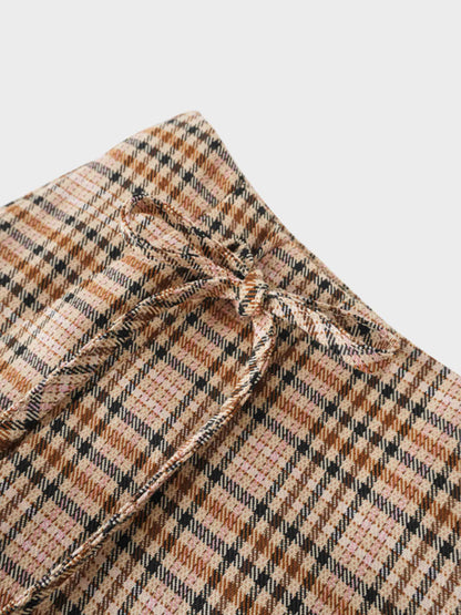 Side Bow Pleated Skirt-Pink Plaid