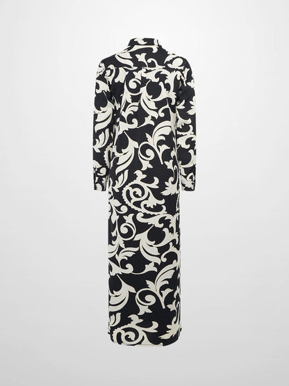 Long Button Down Shirtdress-Black/White Floral