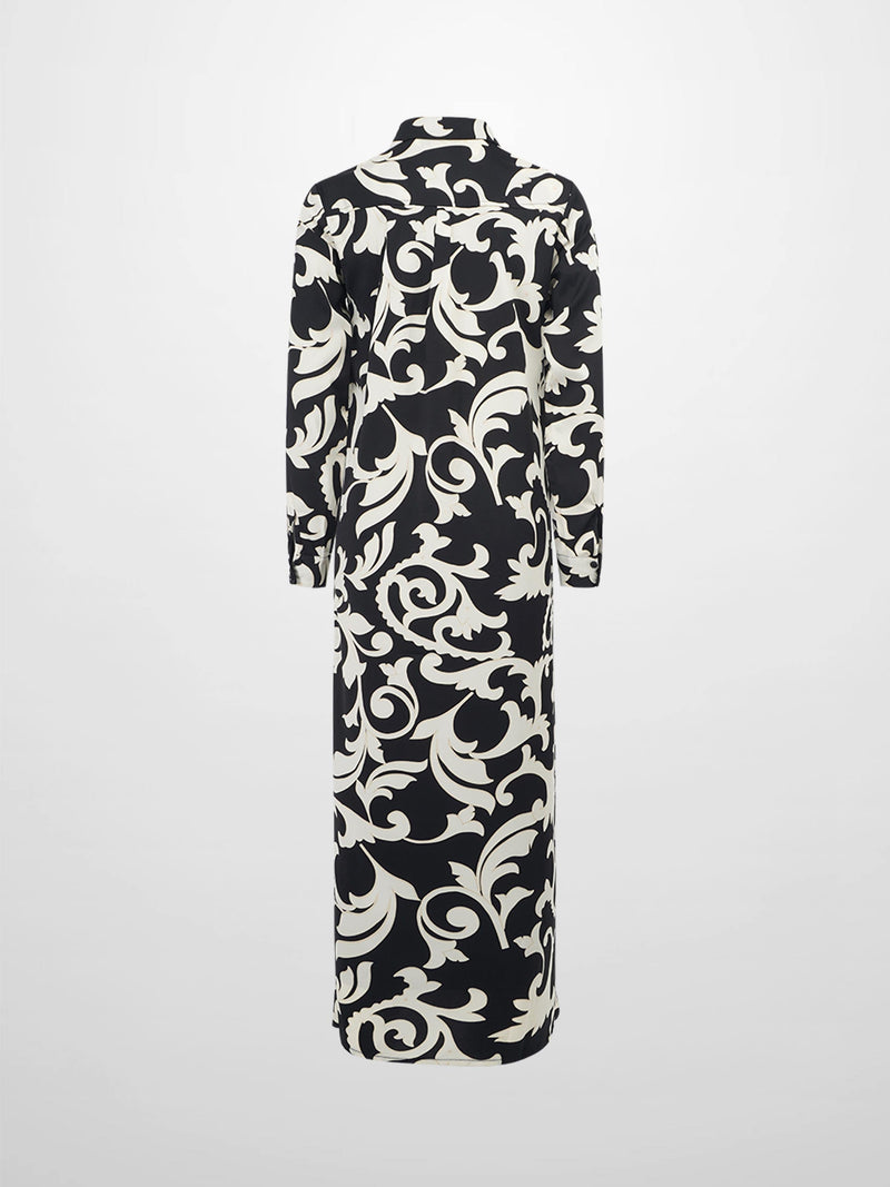 Long Button Down Shirtdress-Black/White Floral