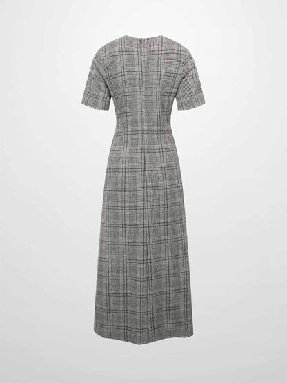 Front Pleat Square Neck Dress-Black/White Plaid