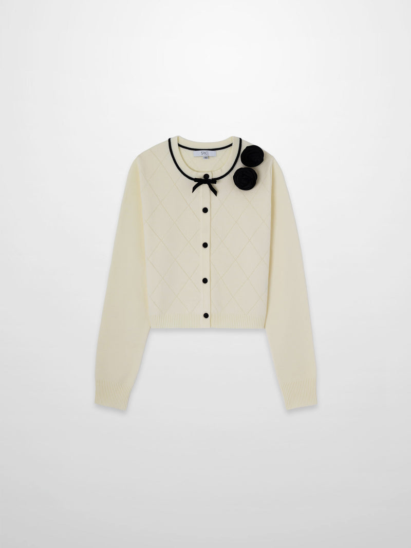 Velvet Detail Pointelle Crew Cardigan-Cream/Black