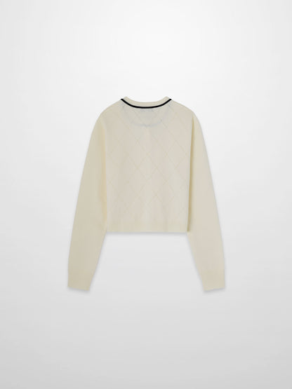 Velvet Detail Pointelle Crew Cardigan-Cream/Black