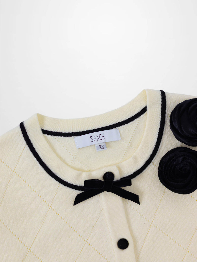 Velvet Detail Pointelle Crew Cardigan-Cream/Black