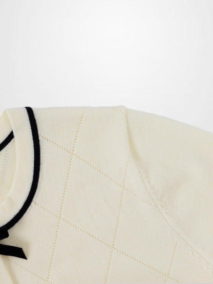 Velvet Detail Pointelle Crew Cardigan-Cream/Black