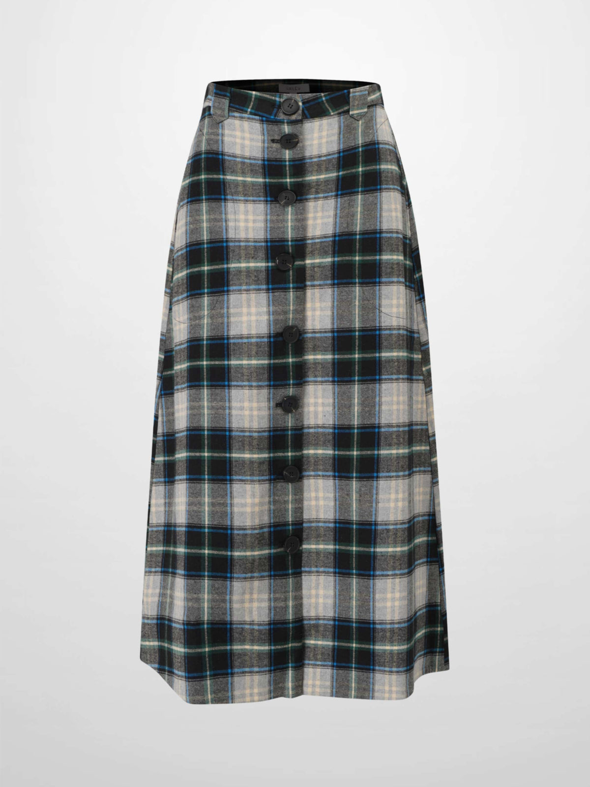 Plaid Button Down A-Line Skirt-Black/White/Blue