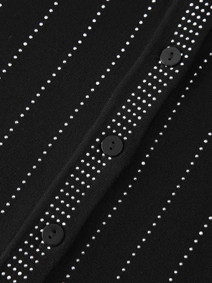 Crystal Pinstripe Crew Cardigan-Black
