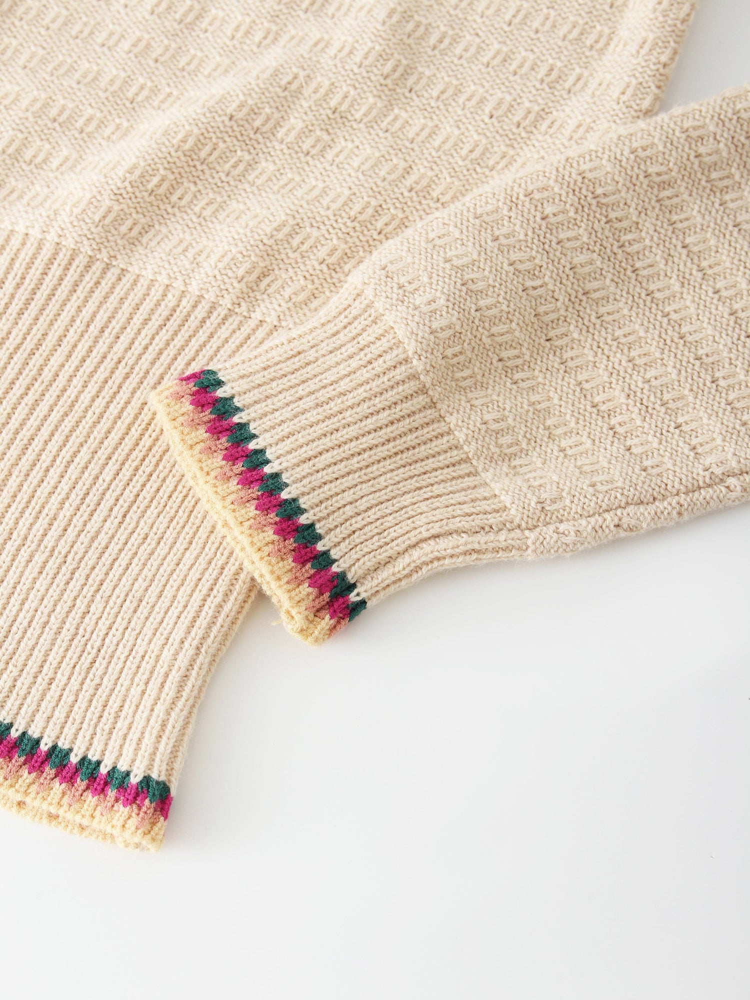 Crochet Trim Sweater-Tan/Pink