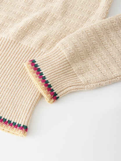 Crochet Trim Sweater-Tan/Pink