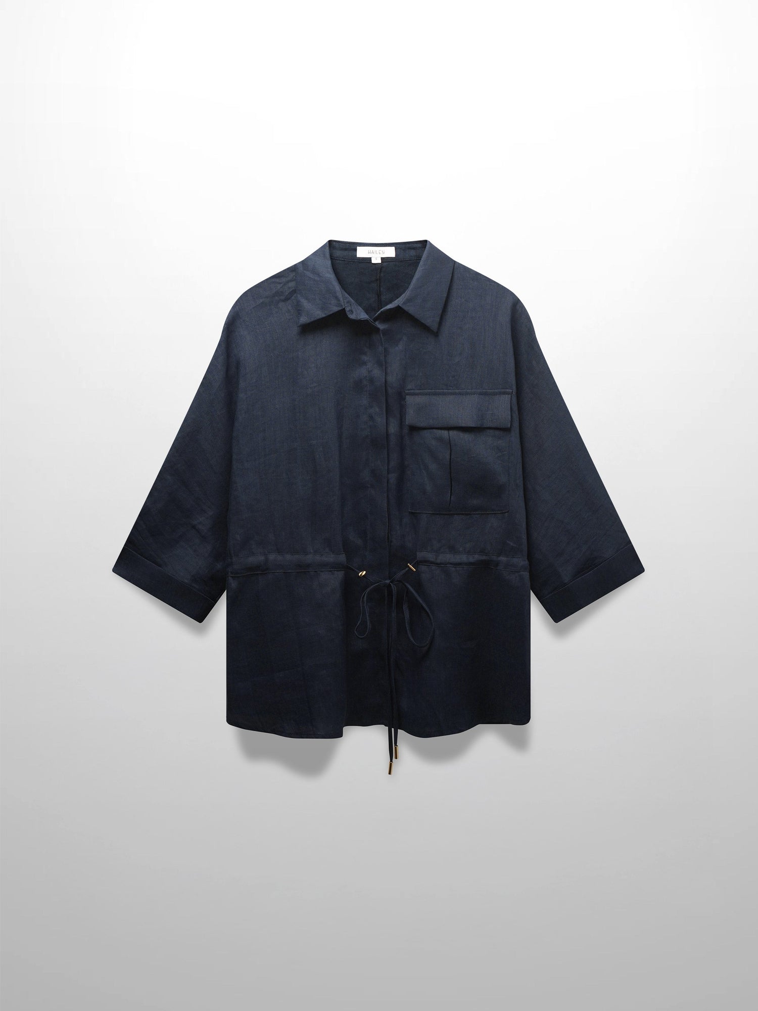 Drawstring Button Down Linen Top-Navy