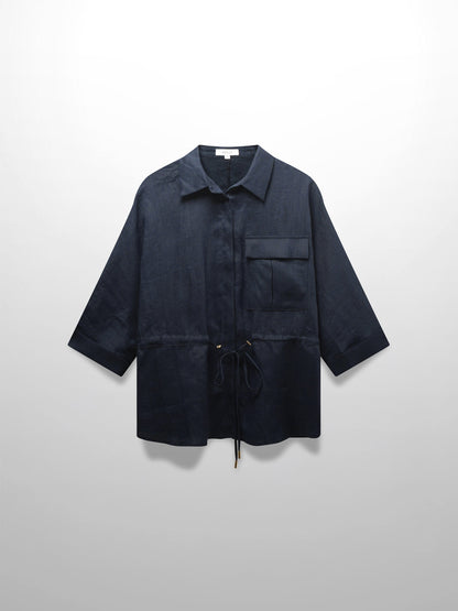 Drawstring Button Down Linen Top-Navy