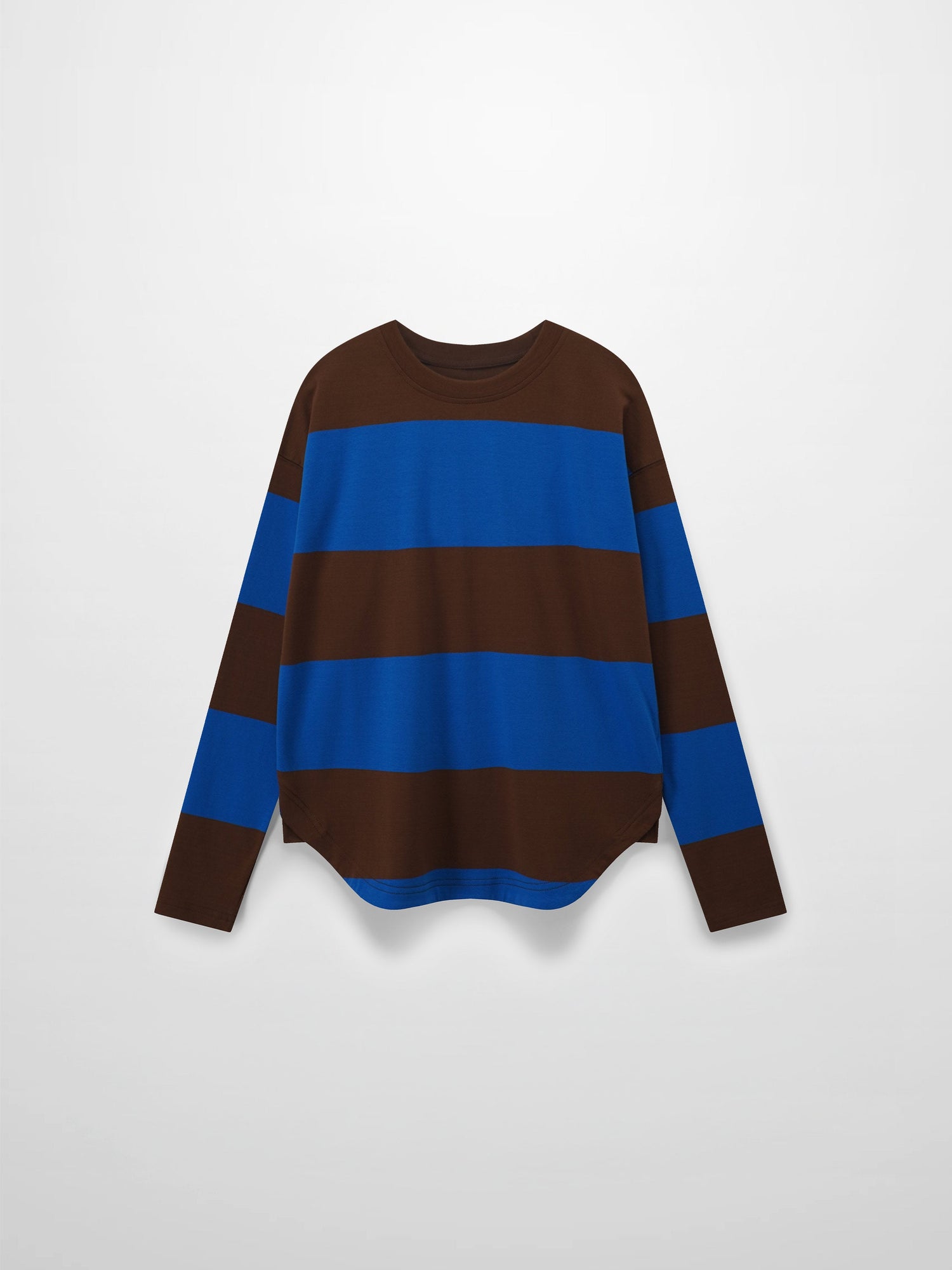Front view of a brown and blue striped long-sleeve shirt.