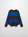 Front view of a brown and blue striped long-sleeve shirt.
