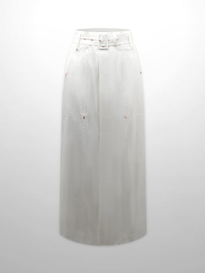 Belted Cotton Cargo Skirt-White