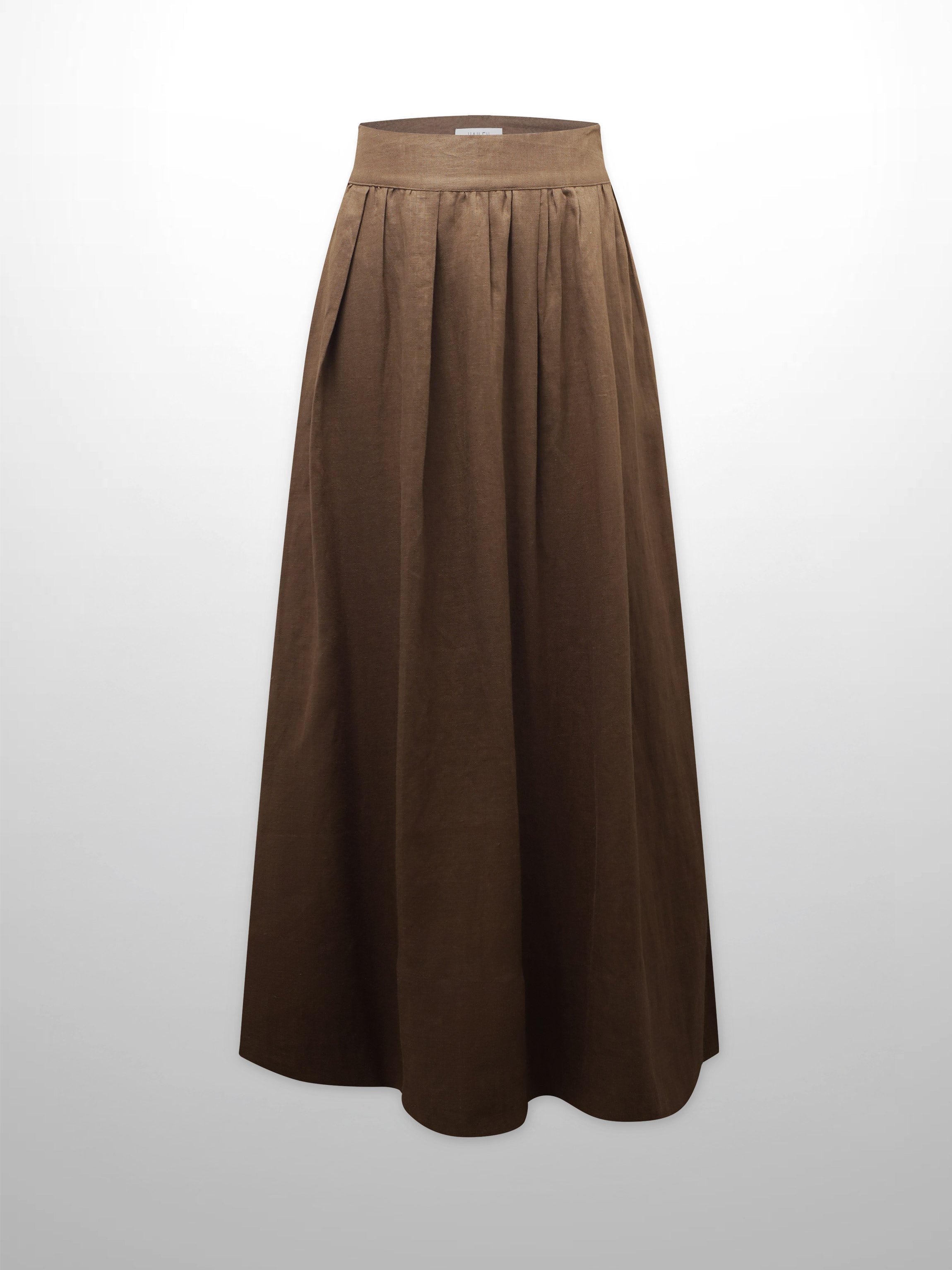 Gathered Waist Linen Skirt-Brown