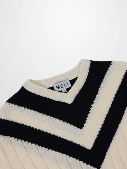 V Neck Stripe Sweater-Cream/Black