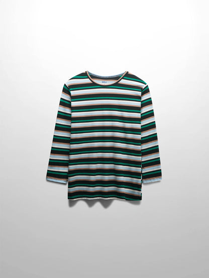 Ribbed Striped Crew 3/4 Sleeve-Green