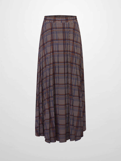 Covered Band Pleated Skirt-Brown/Blue Plaid
