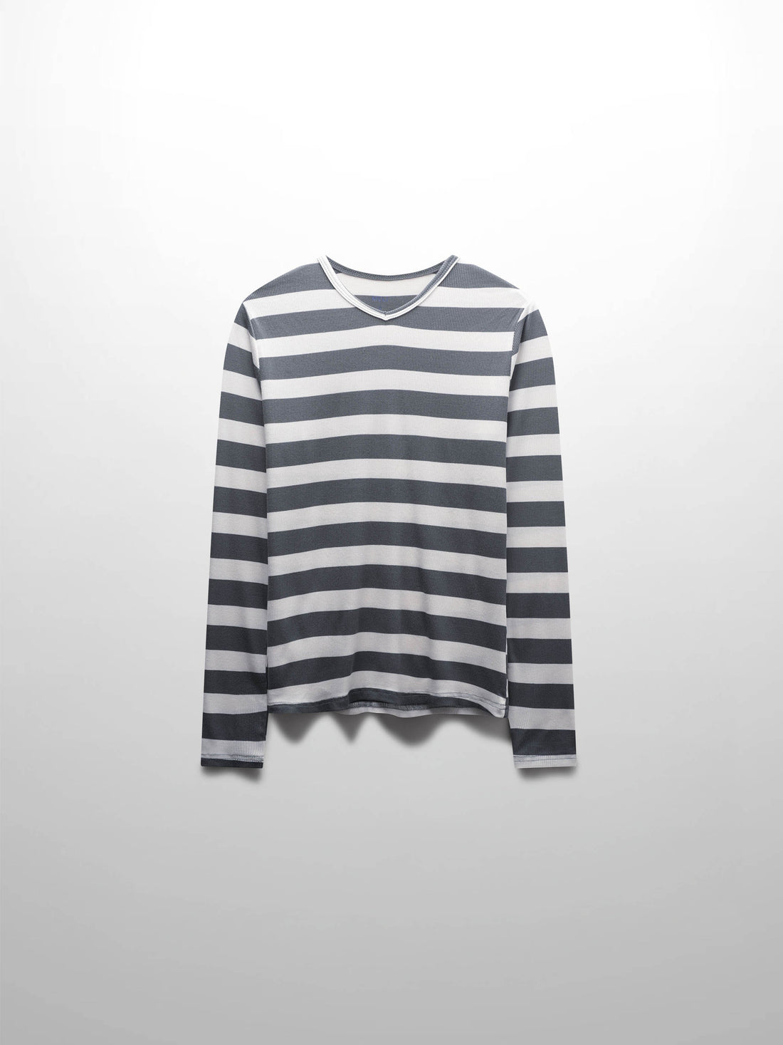 Ribbed Striped High V Tee Long Sleeve-Teal/Ivory