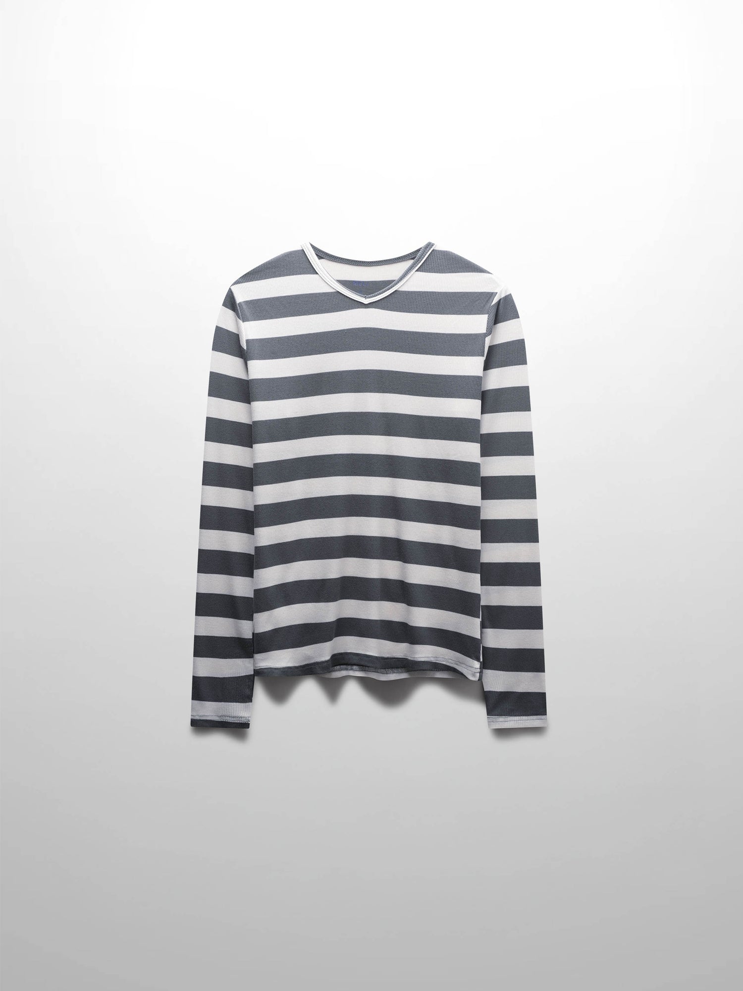 Ribbed Striped High V Tee Long Sleeve-Teal/Ivory