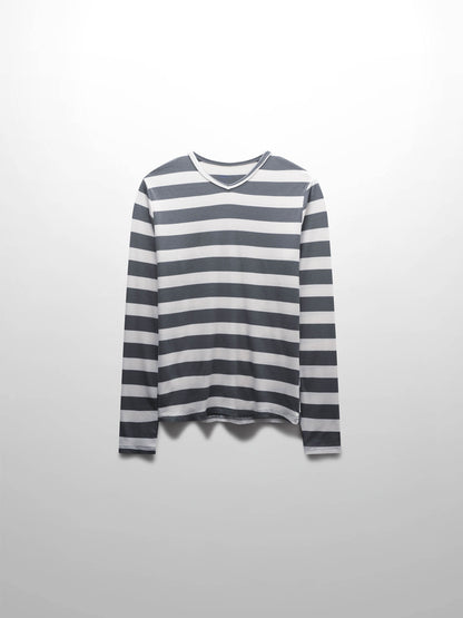 Ribbed Striped High V Tee Long Sleeve-Teal/Ivory