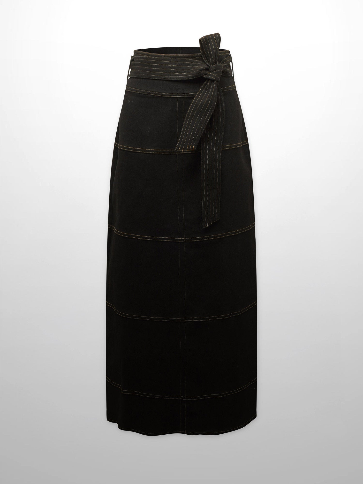Stitched Tiered Belted Denim Skirt-Black
