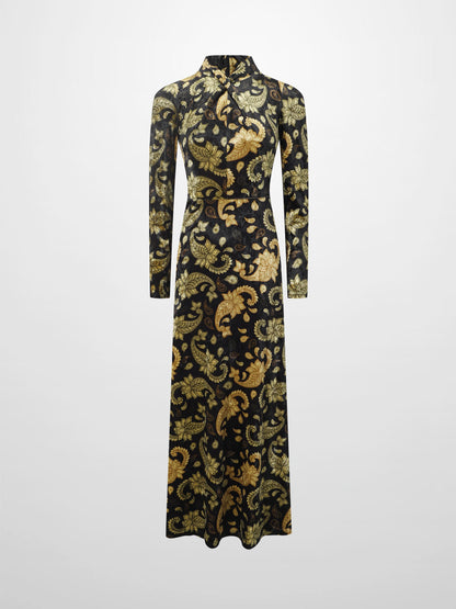 Velour Front Knot Maxi Dress-Gold Paisley