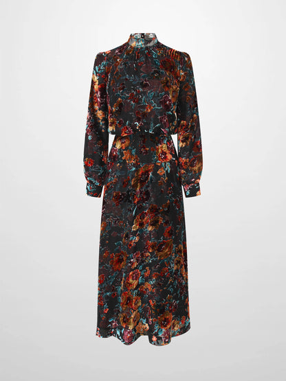 Waisted Yoke Dress-Colored Velvet Floral