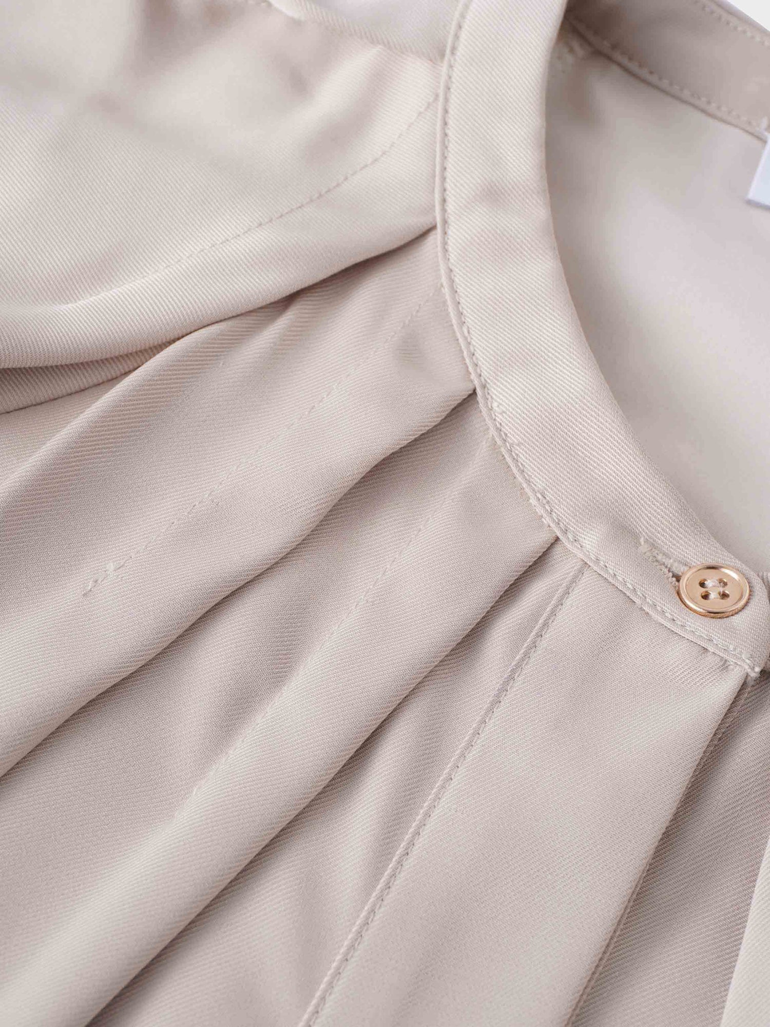 Pleat Neck Belted Dress-Ecru