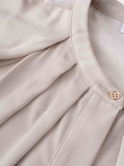 Pleat Neck Belted Dress-Ecru