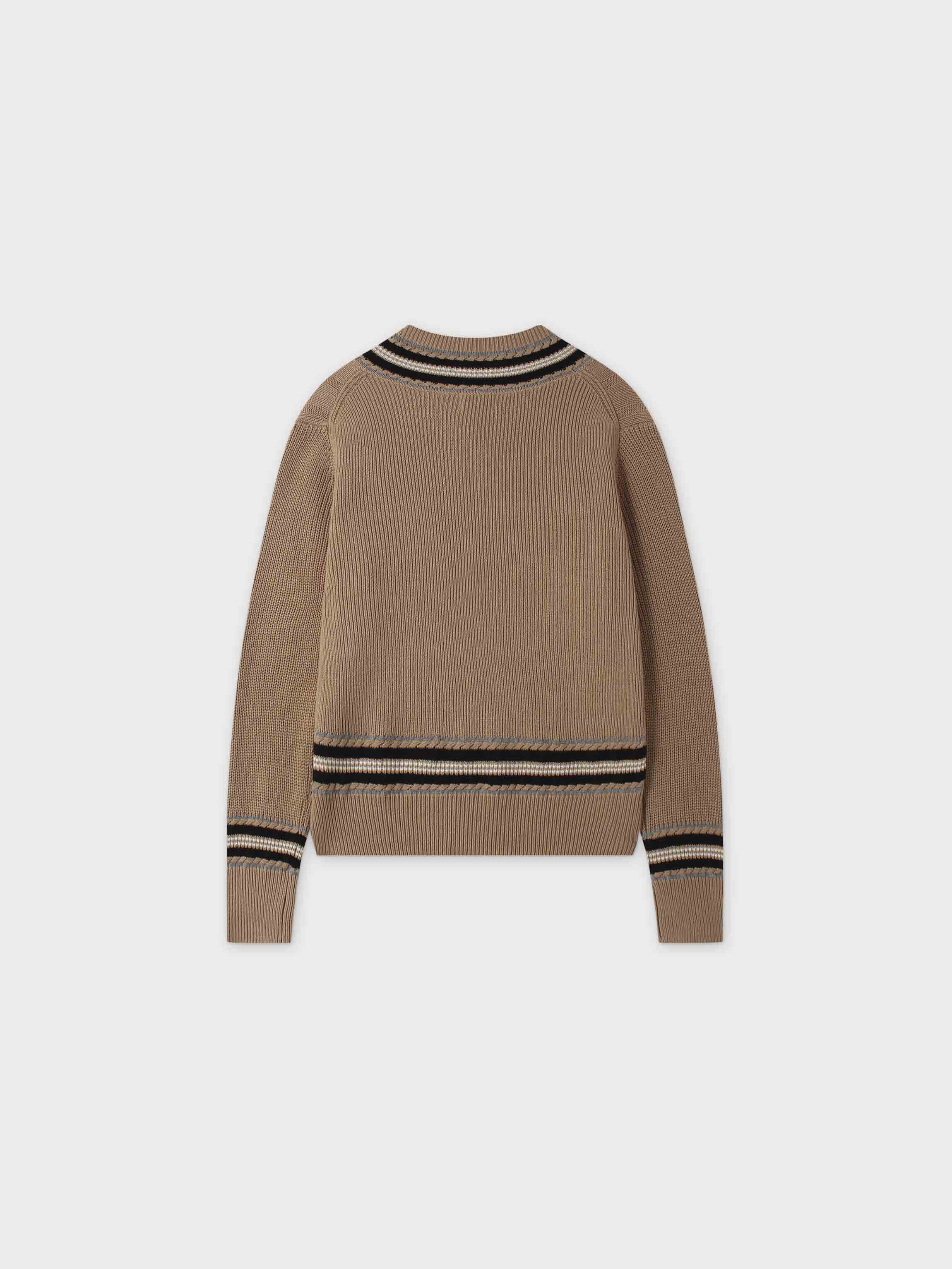V-Neck Cable Sweater-Tan/Grey