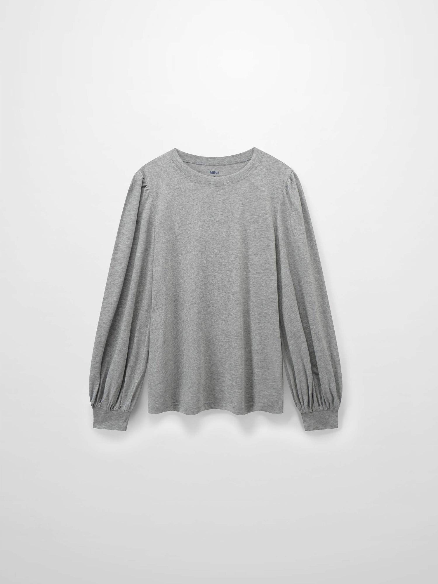 A full, front view of the long-sleeved, heather gray shirt. It features the same design as the previous tops, with puffed shoulders and voluminous sleeves that gather into fitted cuffs.