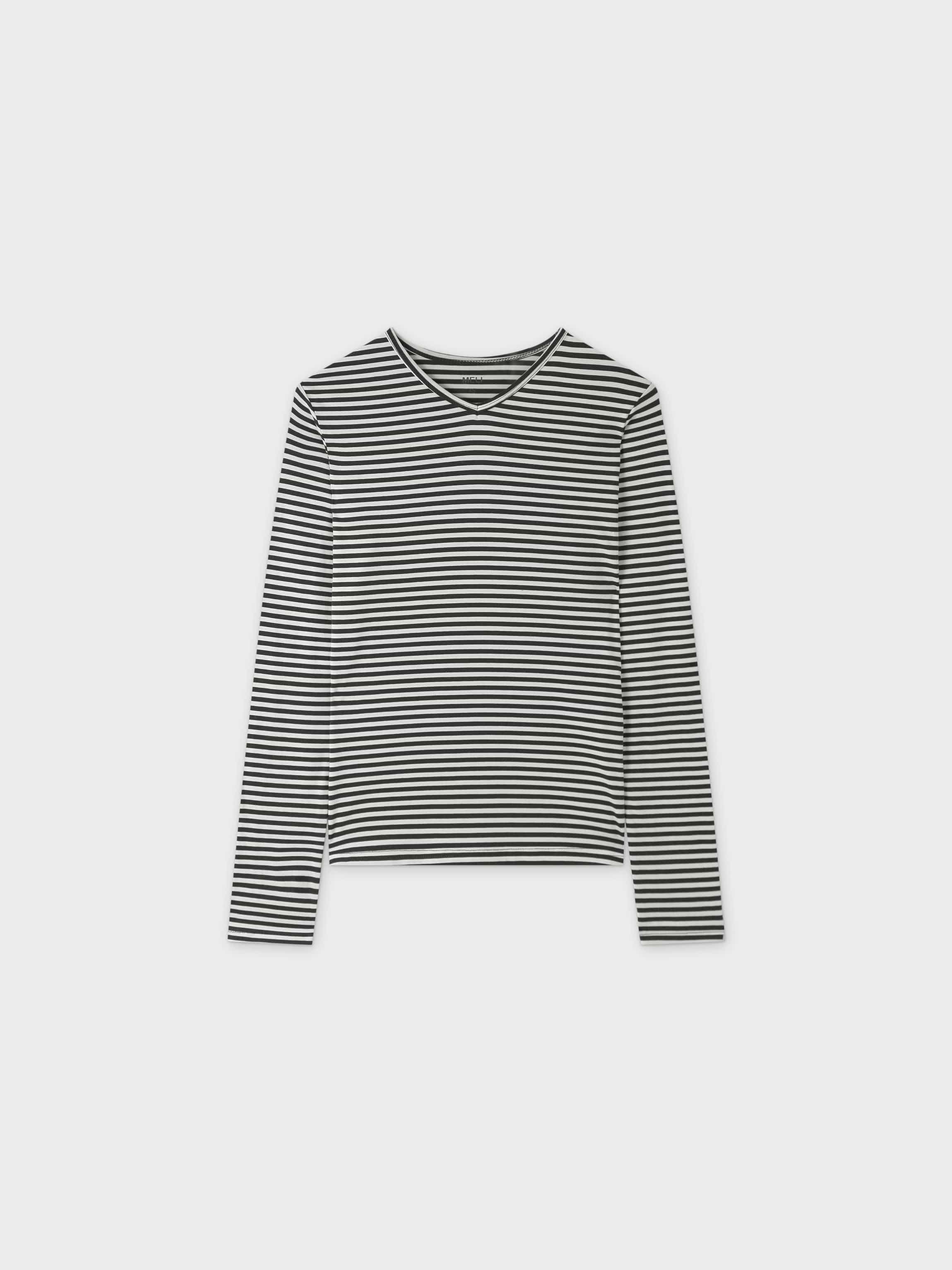 Thin Stripe High V Tee-Cream/Olive