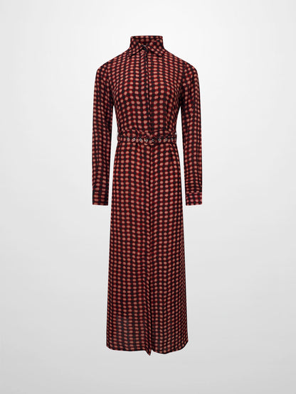 Basic Belted A-Line Dress-Burgundy/Pink