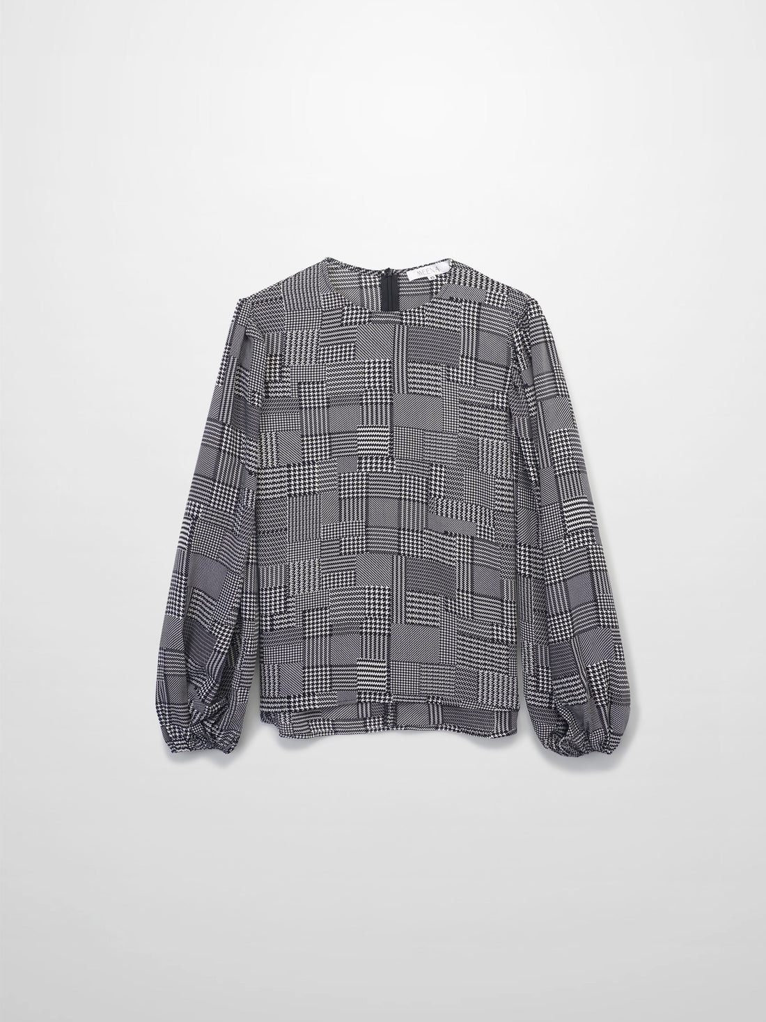 Houndstooth Blouson Sleeve Blouse-Black