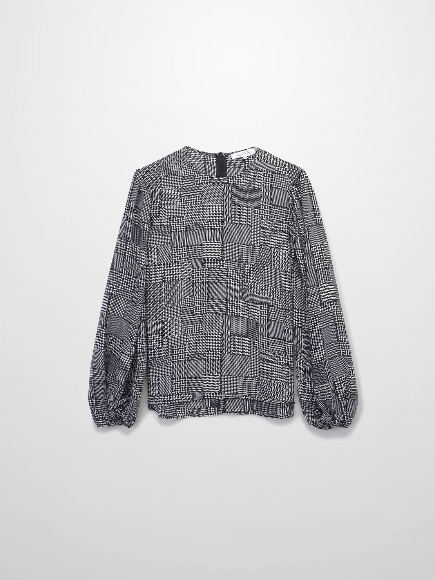 Houndstooth Blouson Sleeve Blouse-Black