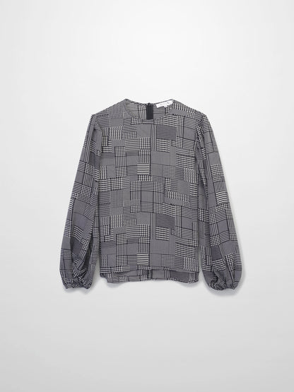 Houndstooth Blouson Sleeve Blouse-Black