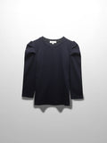 Ribbed Crew Neck Puff Sleeve Top-Navy