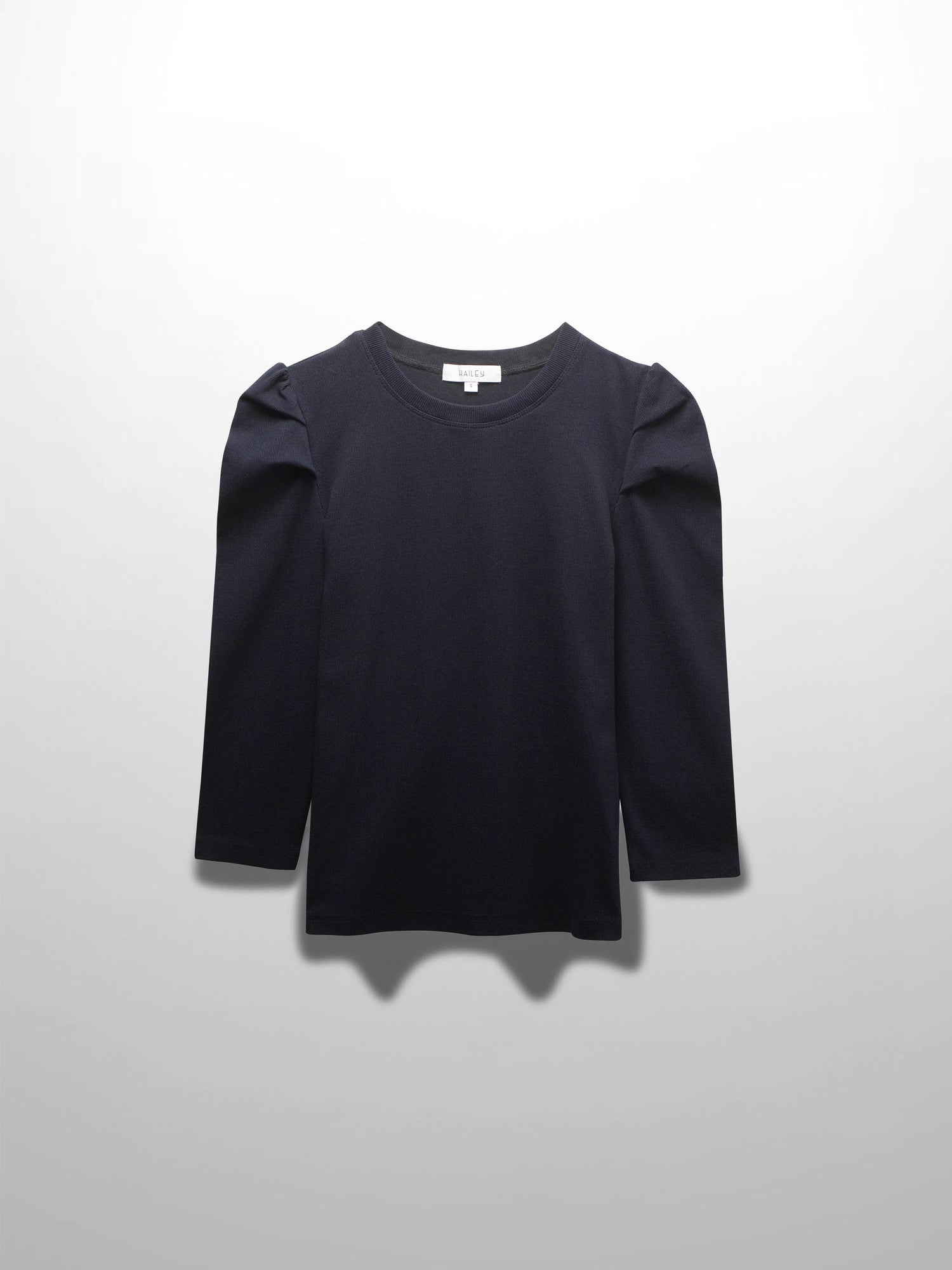 Ribbed Crew Neck Puff Sleeve Top-Navy